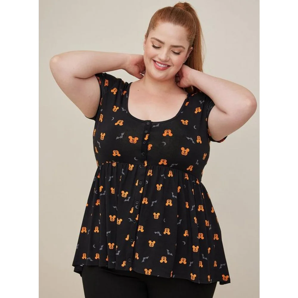 Torrid Halloween Black and Orange Mickey Mouse Short Sleeve Top - Picture 2 of 9